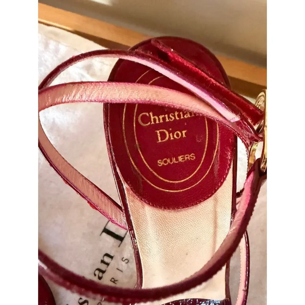 Christian Dior Burgundy Patent Leather CD Logo Ankle Strap Sandals Heels EU 38